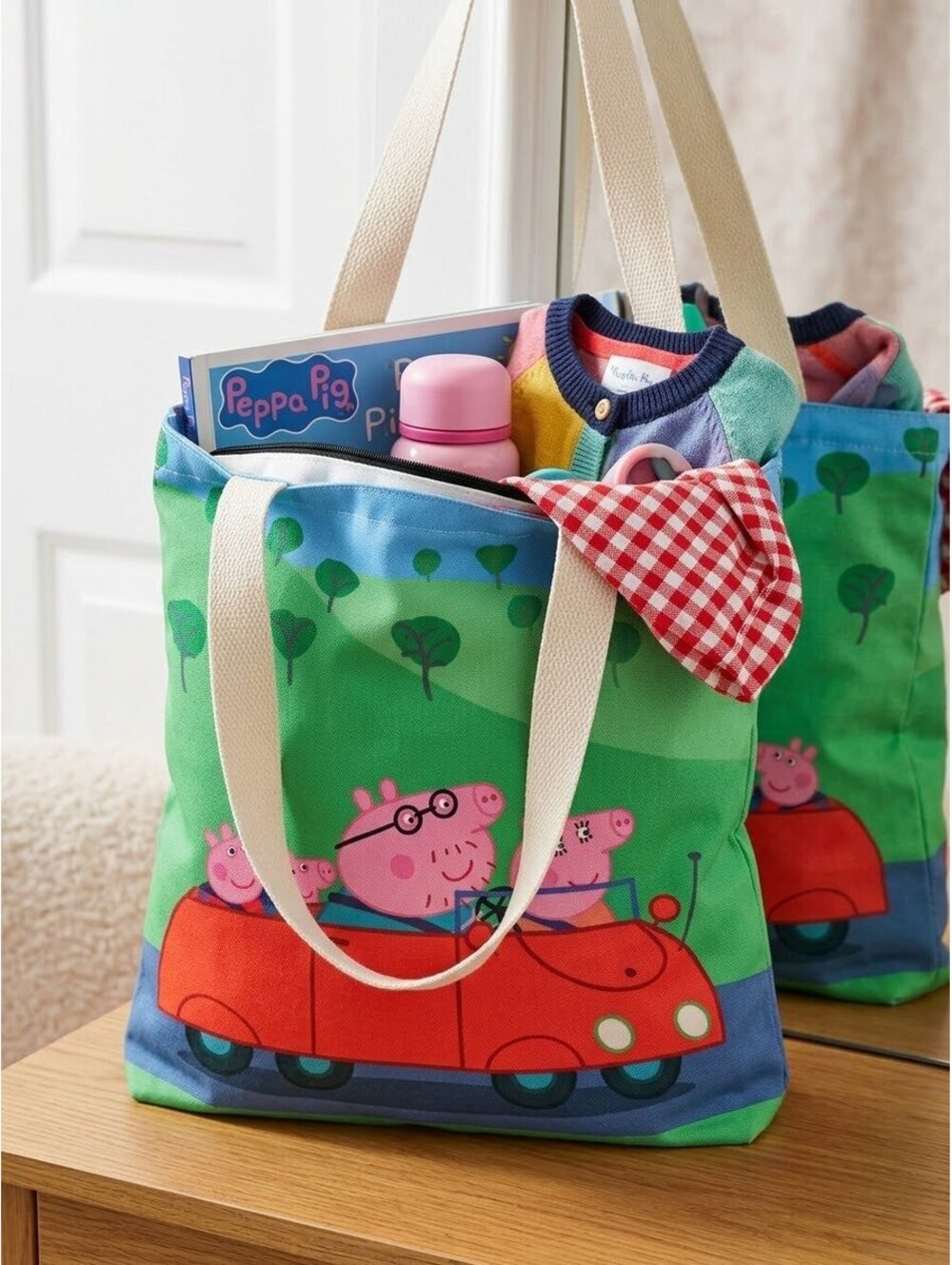 Peppa Pig Red Car Green Blue Canvas Tote Bag